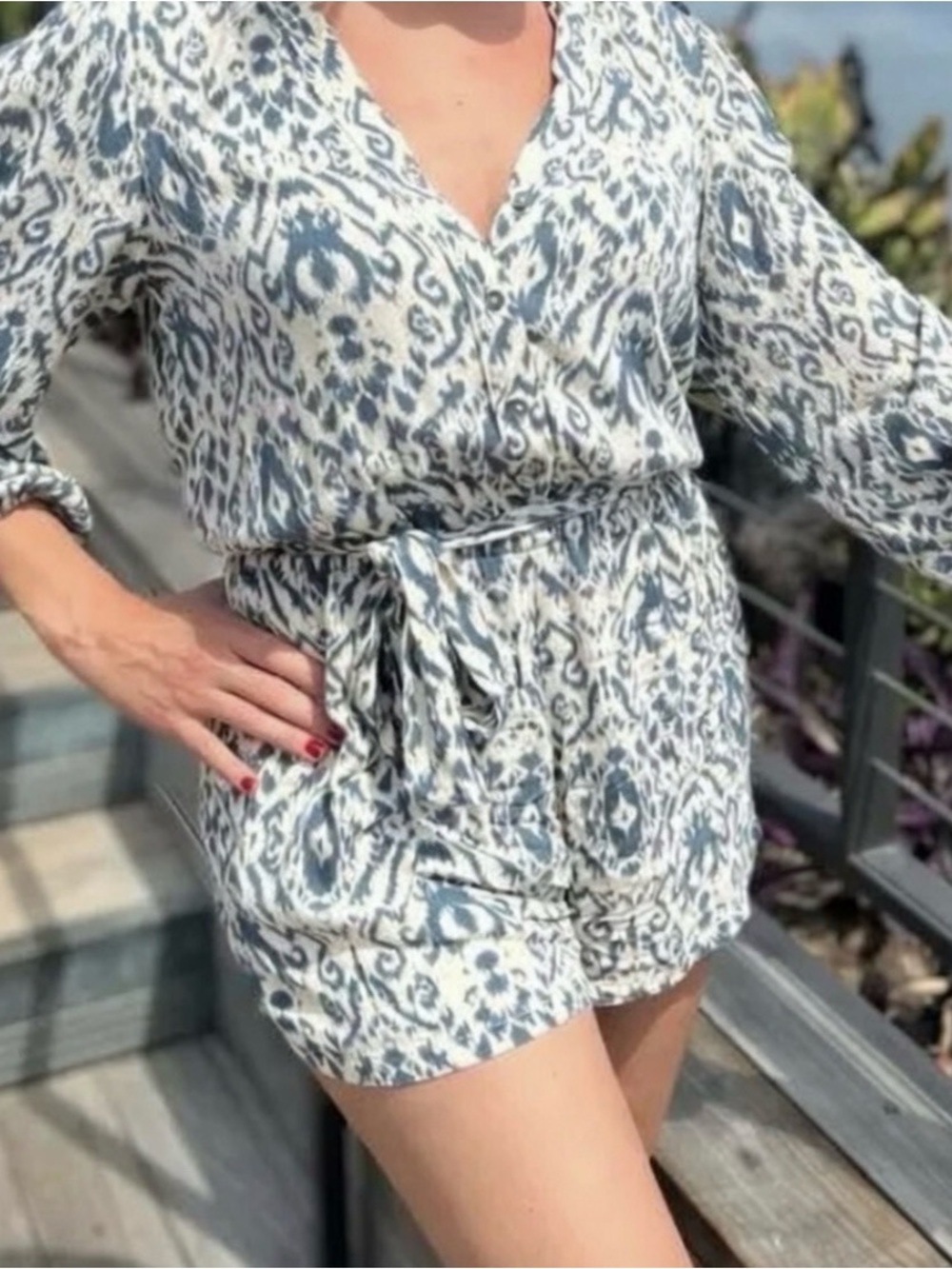 Blue & White Printed Tie-Waist Romper